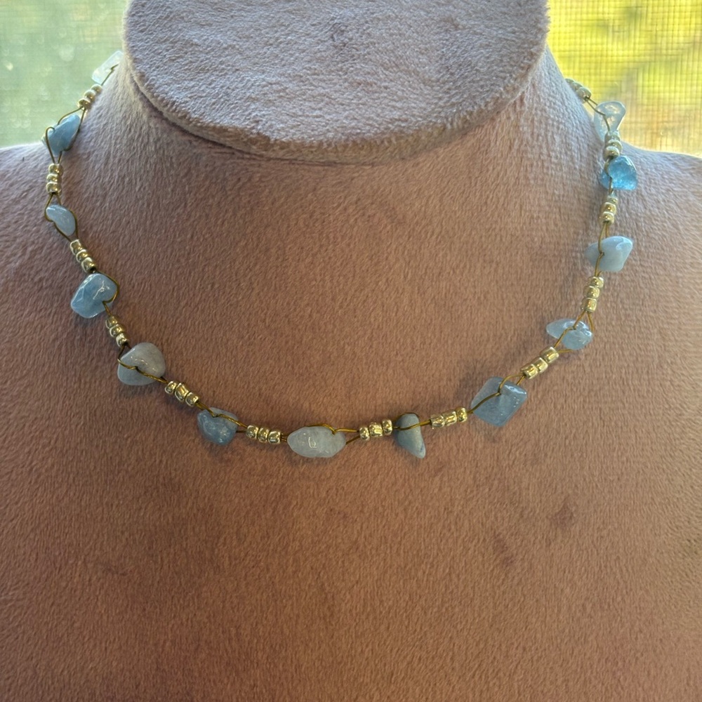 Gold Tone beaded Natural Aquamarine Choker.
